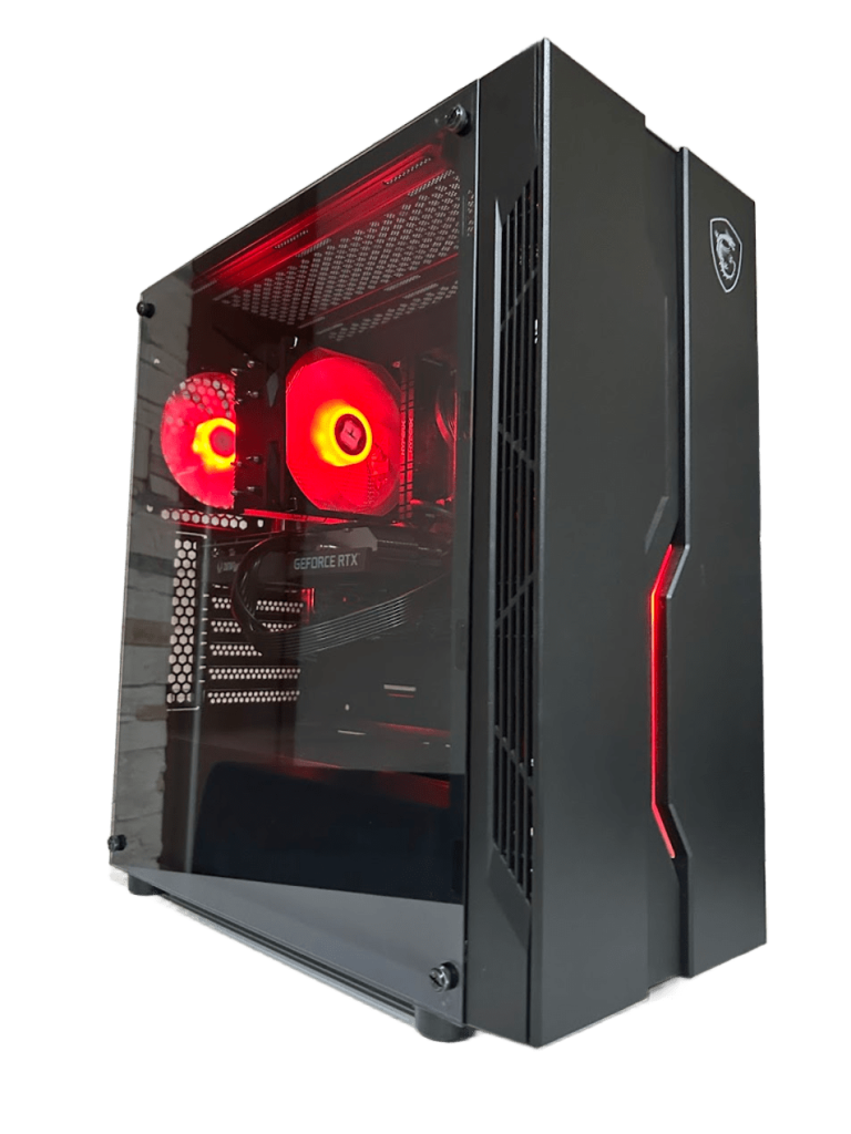 Computadora de escritorio con luces rojas